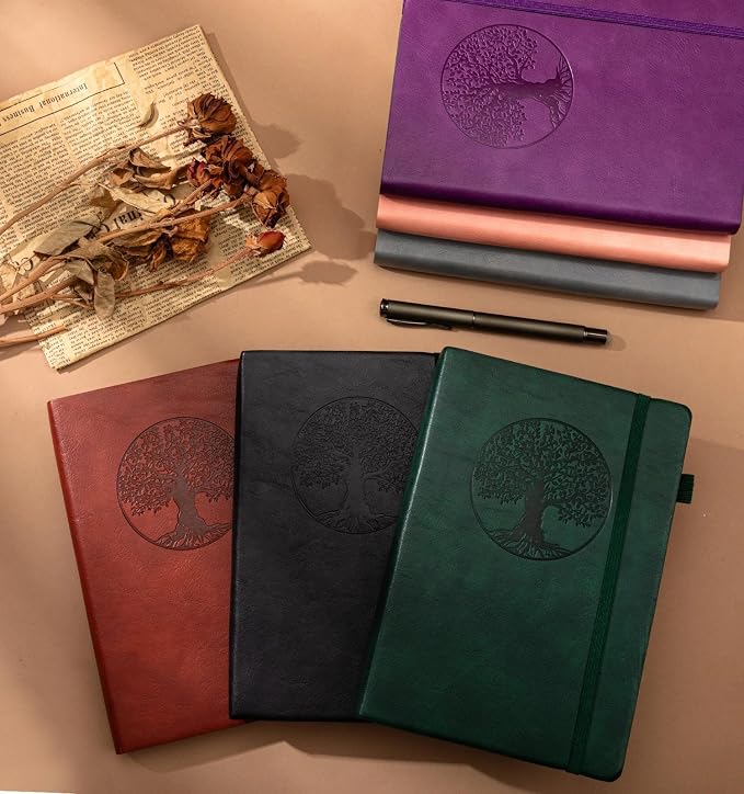 Lined Journal Notebook, A5 Leather Vintage Journals for Writing, 288 Pages College Ruled Notepad for Women Men, Vegan Leather Daily Notebook for Work, School, Travel, Note Taking(Tree of Life, Grey)