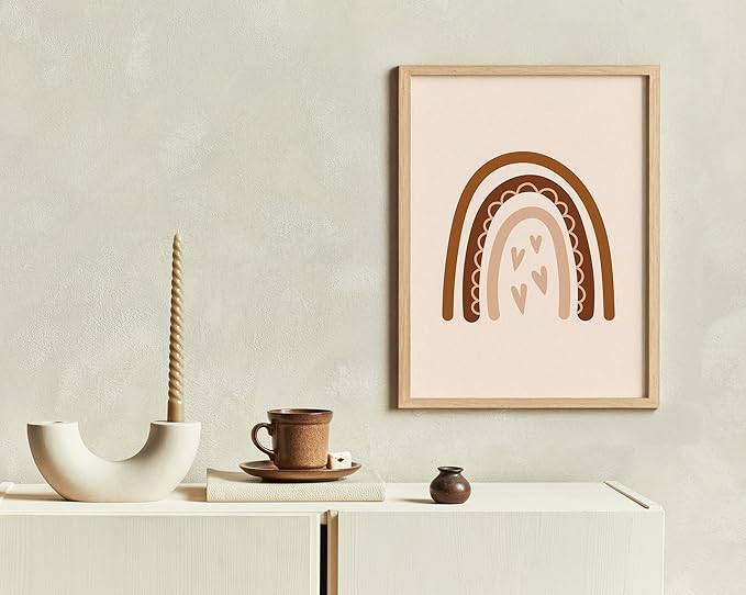 Boho Nursery Rainbow Wall Art with Hearts Earth Tones Terracotta Brown Scandi Minimalist Style 11x14 Inch Oak Wood Beige Framed Playroom Decor Print for Kids Room