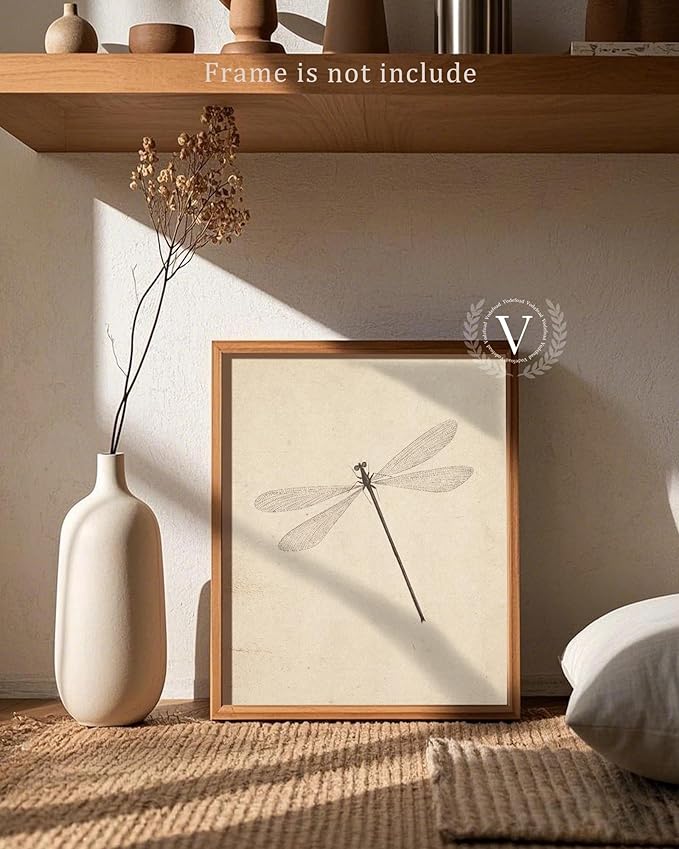 Vodefoad Vintage Dragonfly Sketch Art Print, Neutral Insect Animal Wall Decor, Antique Dragonfly Drawing Canvas Oil Painting, Minimalist Animal Wall Decorations, Retro Artwork Pictures for Gallery Bedroom Living Room Decor - 8x10Inch Unframe