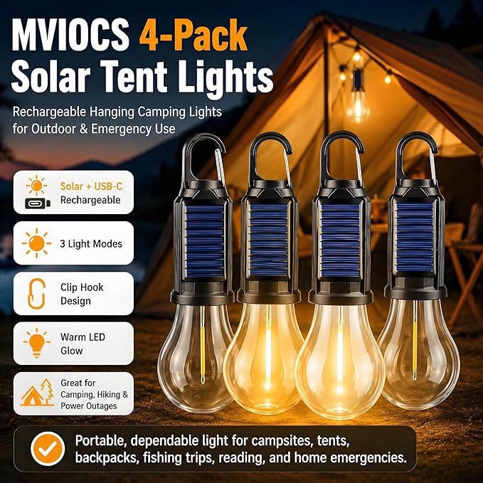 4-Pack Solar Camping Lantern, Portable LED Solar USB Rechargeable Lantern Flashlight Emergency Hanging Light Bulb for Indoor Outdoor Home Power Outages Hiking Hurricane (4)