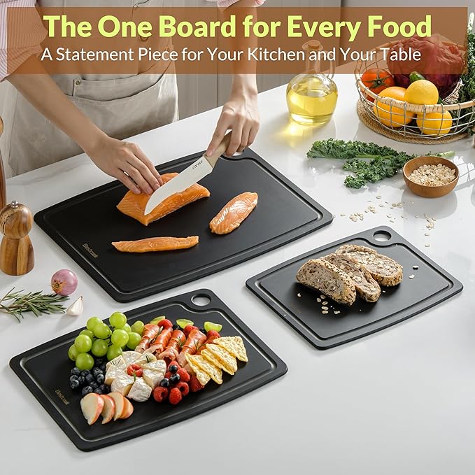 Cutting Board for Kitchen 11.8x9.3Inch Wood Fiber Composite Cutting Board with Juice Groove and Non-slip Feet, Dishwasher Safe, Knife-Friendly Chopping Board for Meat, Bread, Fruit, Black