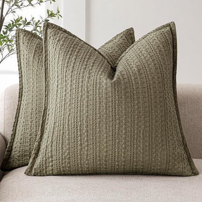 Foindtower Set of 2 Decorative Cotton Waffle Weave Throw Pillow Covers Euro Shams Cushion Covers Accent European Pillowcase for Bed Couch Sofa Bedroom Living Room Home Decor 26×26 Inch Olive Green