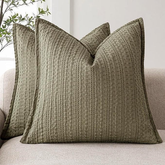 Foindtower Set of 2 Decorative Cotton Waffle Weave Throw Pillow Covers Euro Shams Cushion Covers Accent European Pillowcase for Bed Couch Sofa Bedroom Living Room Home Decor 26×26 Inch Olive Green