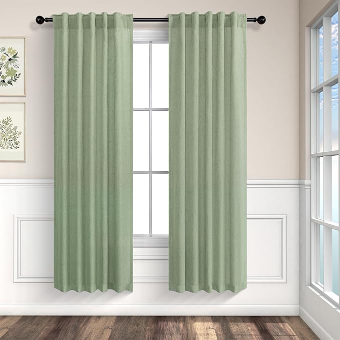Sage Green Curtains 72 Inch Length for Bedroom 2 Panel Set Rod Pocket Back Tab Drapes Semi Sheer Light Reducing Linen Blend Woven Light Green Curtain for Living Room Dividing Closet Laundry 38X72 Long