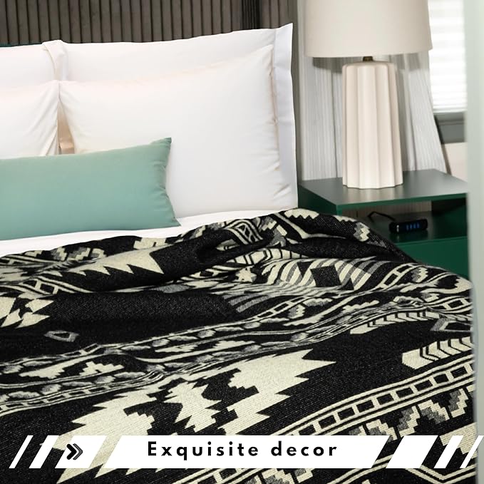 Alpaca Wool Throw Blanket, Native Design Wool Blanket, Throw Aztec Pattern Alpaca Wool Throw Blanket (Black, Throw 78"x48")