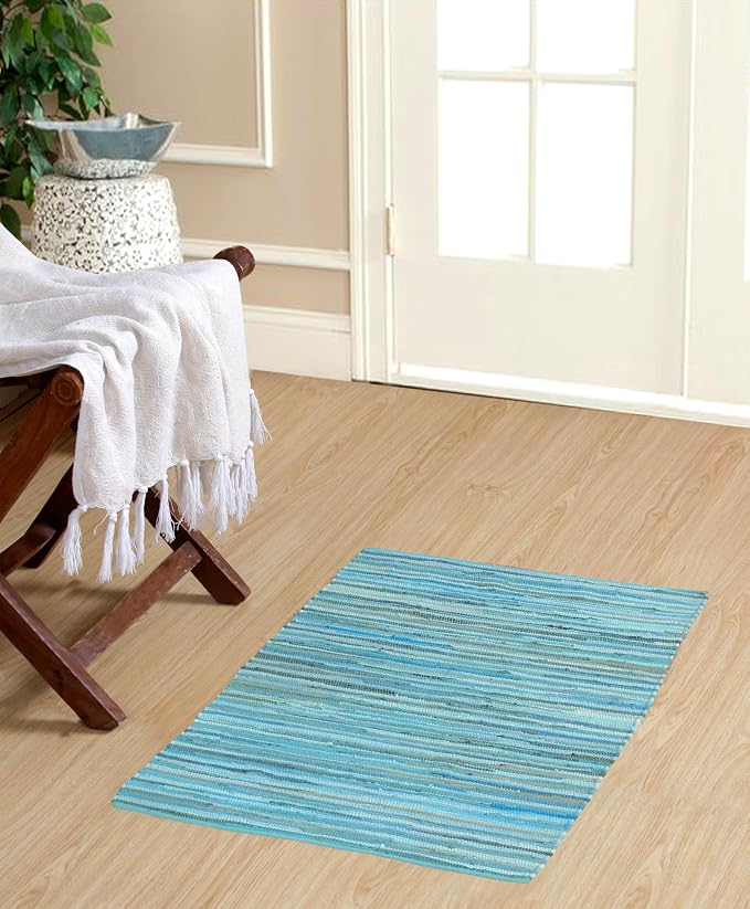 Handmade Cotton Chindi Rug Rectangular Area Rag Washable Recycled Rugs for Home Décor, Living Room and Bedroom (Teal, 2X3 Feet)