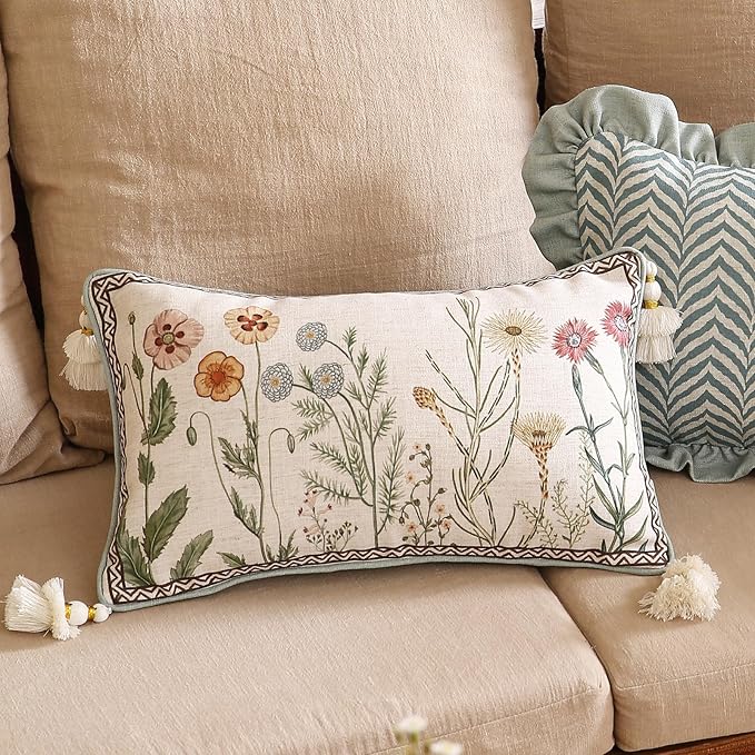 ISAENNE Design Linen Throw Pillow Covers 12"x20" Pack of 2, Lumbar Farmhouse Cushion Covers with Colorful Watercolor Wildflower Pattern for Bed, Living Room, Outdoor, Car