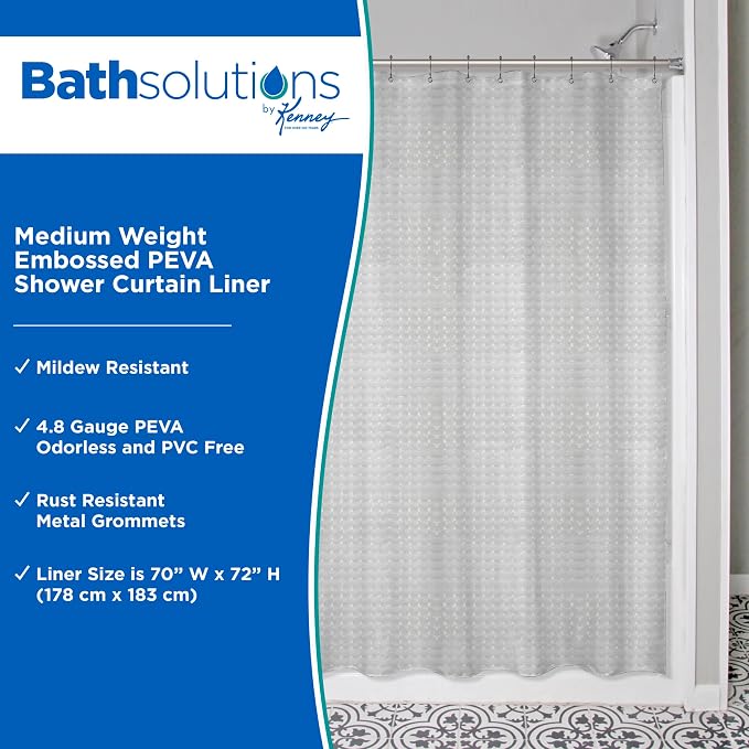 Kenney KN61150 Medium Weight 5 Gauge Embossed Waterproof PEVA Shower Curtain Liner with Rust-Resistant Metal Grommets for Bathroom, 70" W x 72" H, Gray