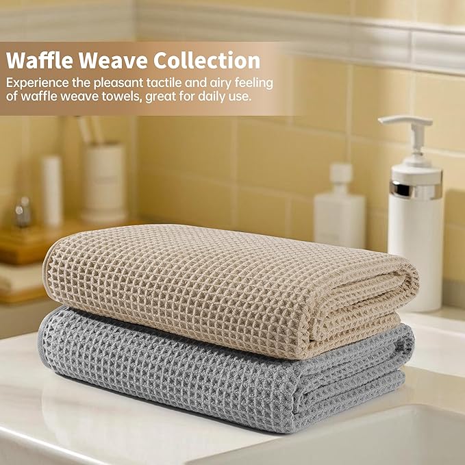 MICROFI New Microfiber Waffle Bath Towels, 2 Pieces, Soft, Absorbent, Fast Drying, Lint Free 430 GSM (Beige+Silver)