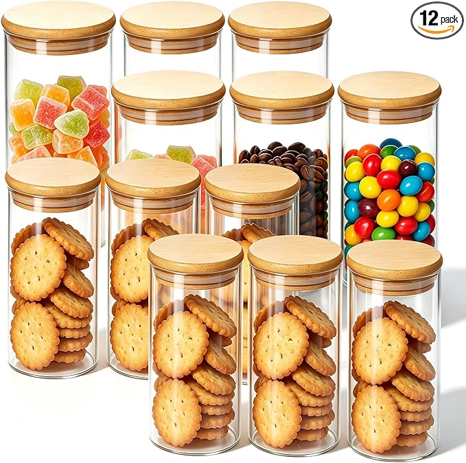 12 Glass Canisters for Food Storage Glass Spice Jars Airtight Bamboo Lids | 36oz [Set of 6] and 17oz [Set of 6] Apothecary Jars, Pantry Organizers and Storage for Overnight Oats, Coffee, Candy, Flour
