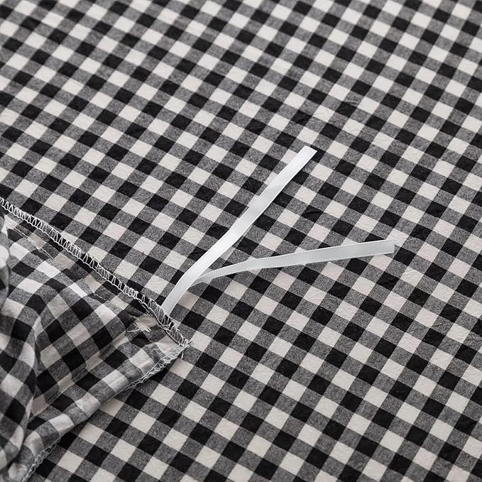 mixinni Black White Gingham Ruffle Duvet Cover Full Size 3 Pieces – 100% Washed Cotton, Vintage Plaid Ruffled Bedding Set with Zipper Ties, Soft Checkered Grid Farmhouse Chic Comforter Cover Set