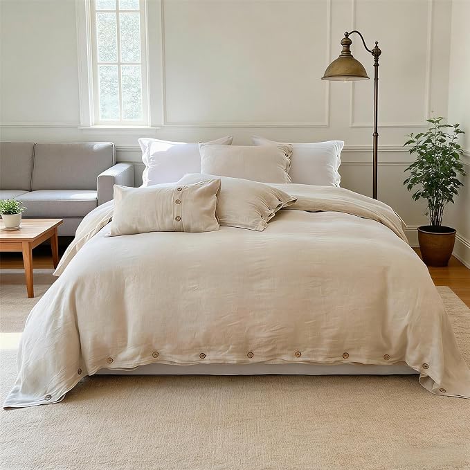 Simple&Opulence 100% Linen Duvet Cover Set 3pcs with Coconut Button Closure Natural French Washed Flax Solid Color Soft Breathable Farmhouse Bedding - Linen, Queen Size
