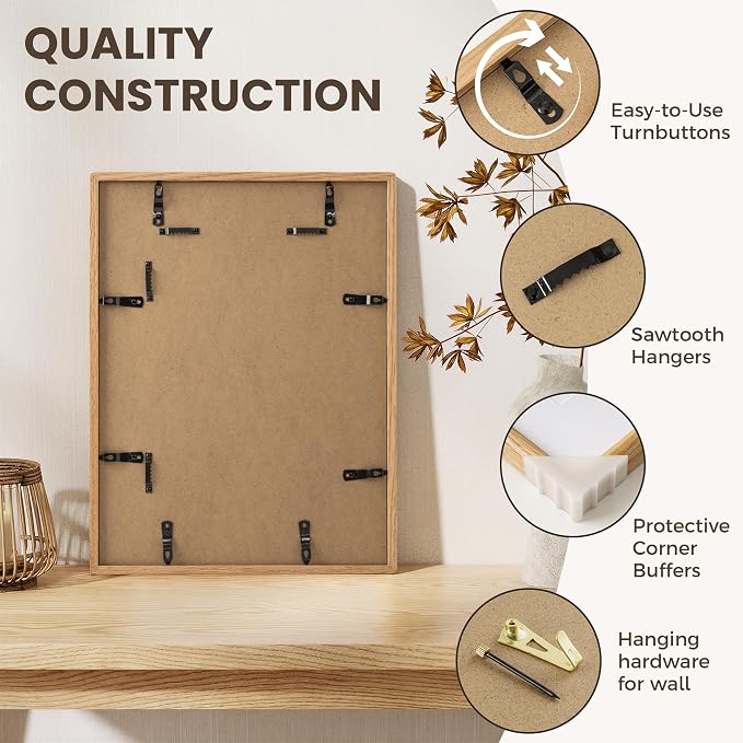 11x14 Picture Frame, USA-Sourced Oak Wood Picture Frame, 11 x 14 Photo Frame with High Tempered Glass, 11 by 14 Wooden Frame Matted to 8x10 Photo Wall Mounted, Oak Color, 1 Pack