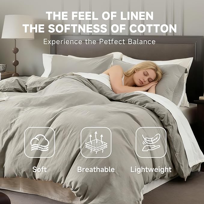 QKTE French Linen Duvet Cover Set, 3 PCS Natural French Flax Light Grey Duvet Cover Queen Size, Breathable Soft Comfy Linen Bedding Comforter Cover with 2 Pillowcases(Light Grey, 88" x 92")