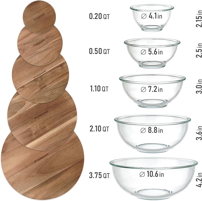 Set of 5 Nesting Glass Bowls with New Updated Acacia Lids for Foodprep, Storage, Mixing & Cooking - Microwave & Oven-ready BPA Free Durable Heat Resistant Inert Borosilicate Glass