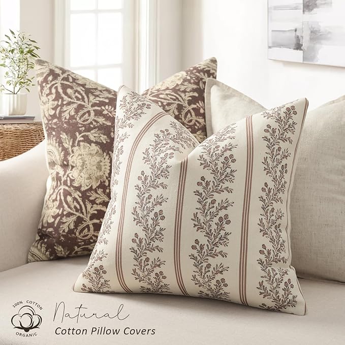 Vintage Throw Pillow Covers 22x22 Set of 2, Striped Floral Pillow Cover Botanical Patterned Decorative Cushion Covers Modern Farmhouse Home Decor for Sofa Couch Bed Living Room, Almond