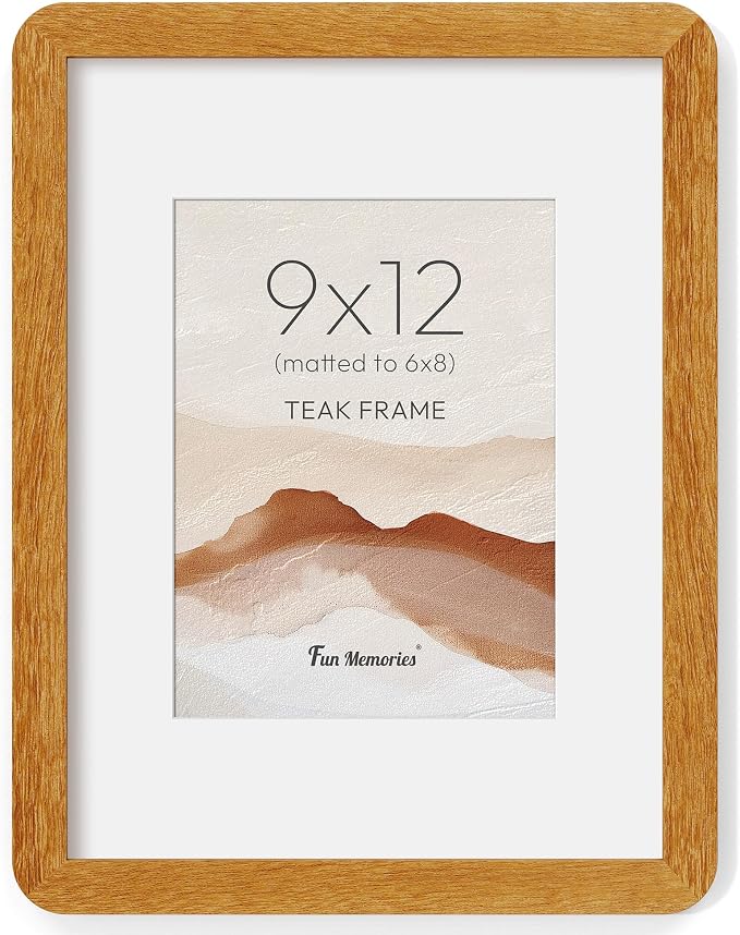 Fun Memories 9x12 Picture Frame - Solid Teak Wood Frame with Real Glass, 9x12 Wooden Frame with Mat for 6x8, Perfect for Horizontal or Vertical Hanging by Wall, Natural Teak