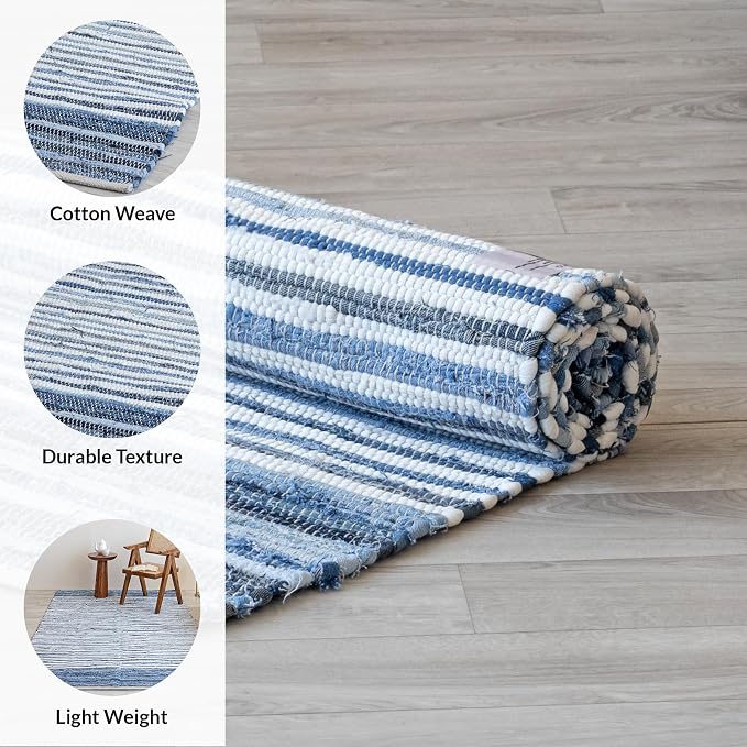 HOMEMONDE Denim Rag Runner Rug 2' x 8' Recycled Soft Cotton Chindi Rugs Hand Crafted Reversible Boho Home Decor for Kitchen, Entyrway, Bedroom, Living Room - Blue