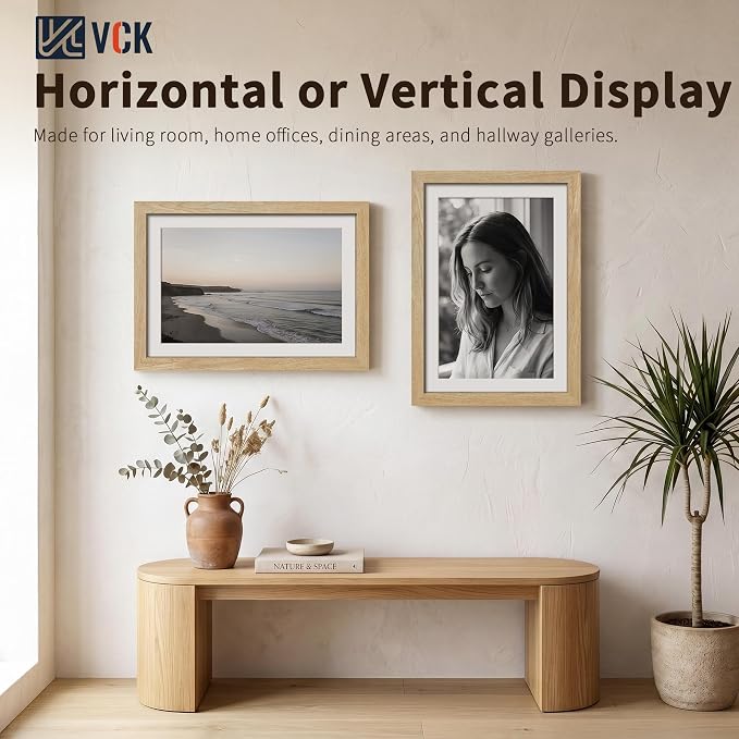VCK 13x19 Picture Frames Natural - 3 Pack, Wide Border Solid Wood, Tempered Glass, Display 11x17 Photo with Mat or 13 x 19 Without, for Home, Office, Gallery, Woodgrain Series, Wall Hanging