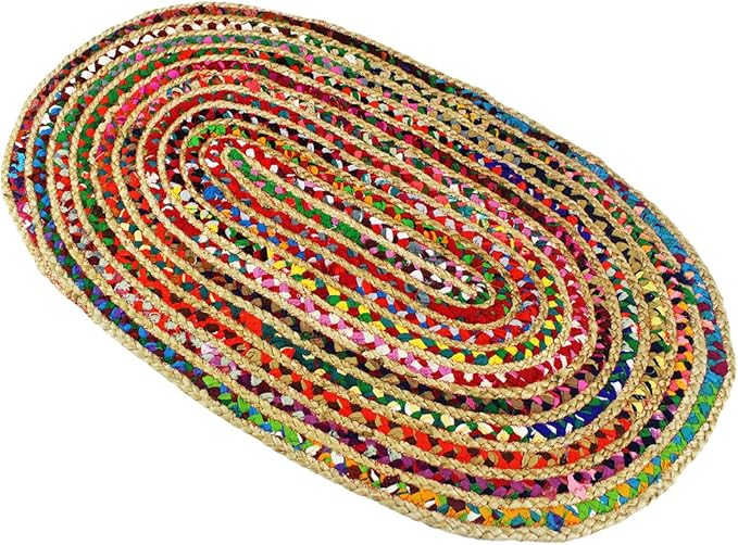 COTTON CRAFT Jute Chindi Braid Rag Rug - Boho Farmhouse Rustic Area Accent Throw Rug - Handwoven Reversible Natural Recycled Cotton- Living Room Den Study Home Décor Gift - 3' x 5' Oval - Multi Color