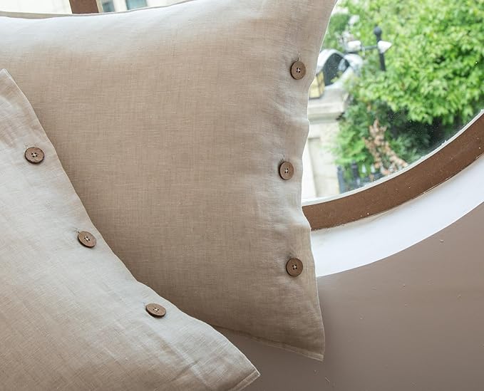 EVERLY 100% Linen Pillowcases Set of 2, French Linen from Normandy, 20X30Inch Queen Size, Natural Color, Coconut Buttons Closure, Flax Pillowshams-Pillowcase-Linen