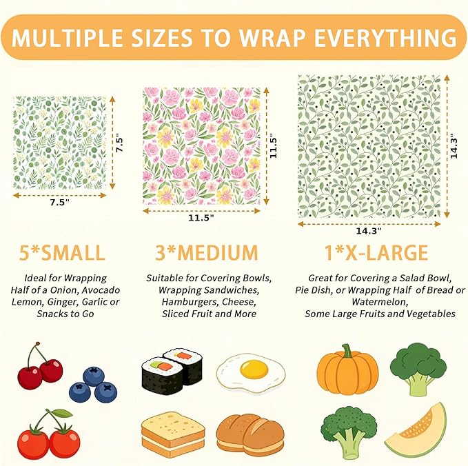 Reusable Beeswax Wraps, 9 Pack Plastic-Free Food Storage, Sandwich, Bread, Fruit Covers, Organic, Sustainable, Zero Waste, Biodegradable, 1XL, 3M, 5S, Pink Flowers and Green Leaves Print