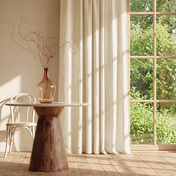 NICETOWN Semi Sheer Beige Linen Curtains for Living Room, Rod Pocket & Back Tab Thick Linen Blend Privacy with Light Filtering Window Treatments for Farmhouse/Living Room, W55 x L84, 2 Panels