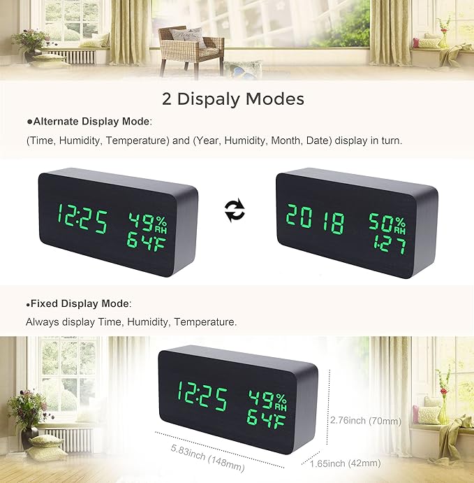 Wooden Alarm Clock Modern Wood Clock Digital Electronic Desk Clock LED Display Time Date Temperature Humidity Voice Control 3 Alarms 3 Brightness for Home Office Kids (Black,Green)