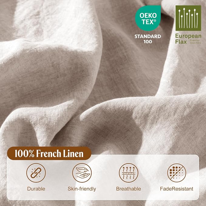 LBRO2M 100% France Linen Duvet Cover Set 3 Pcs Including 1 Flax Comforter Cover with Zipper Closure, 2 Pillowcase, Cozy Duvet Cover King Size, Linen Color