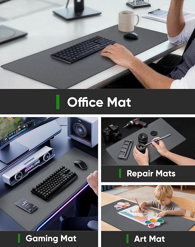 ALOANES Gray Waterproof Desk Mat, Large, with Extended Mouse Mat, Office Desk Protector with Anti-Slip Base, Stitched Edge, Grain Jacquard Surface, Perfect for Gamer, Home, XL,11.81"x27.56"x0.12'