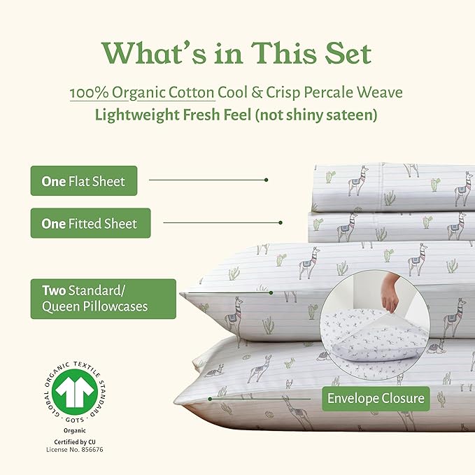 California Design Den Printed Full Size Cotton Sheet Set, 100% Organic Cotton Percale Sheets, Deep Pocket Sheets & Pillowcase Set - Llama