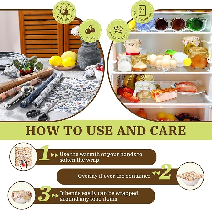 Moukeren 3 Rolls Beeswax Wraps for Food Assorted 13 x 40" Cut to Size Reusable Beeswax Food Wrap Organic Cotton Sustainable Wax Paper Wrappers Plastic Silicone Free for Bread Cheese(Butterfly)