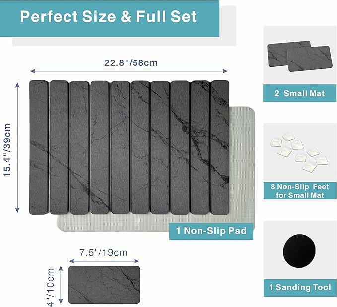 Diatomaceous Earth Stone Dish Drying Mat for Kitchen Counter – Quick Drying Mat Set (1*Large 23"×15.5" & 2*Small 7.5"×4") | Kitchen Drying Mat for Dishes, Cups & Utensils, Sink Mat (Grey Marble)