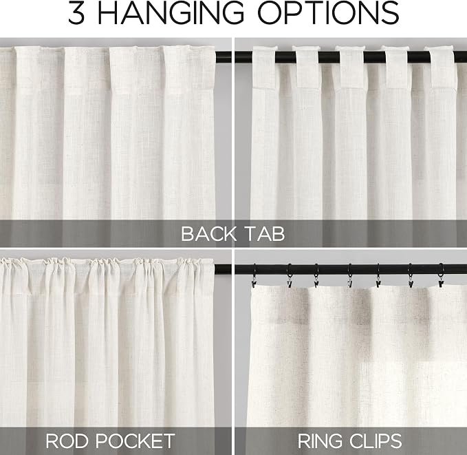 Nanspring Extra Long Beige White Curtains 105 Inch Long 2 Panels for Living Room Extra Long Back Tab Neutral Farmhouse Light Transmitting Semi Transparent Linen Curtains for Large Windows