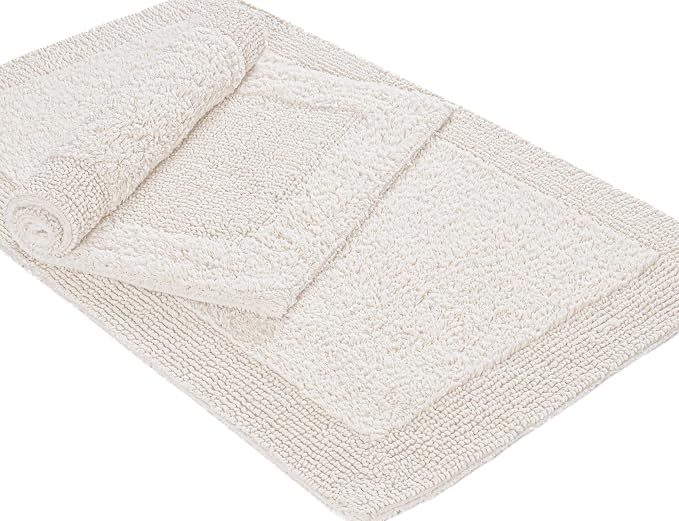 Bedding Craft Bathroom Bath Mat Rug – 100% Cotton, Reversible, Water Absorbent, Machine Washable, Soft Bathmat for Tub Side, 17x24 Beige