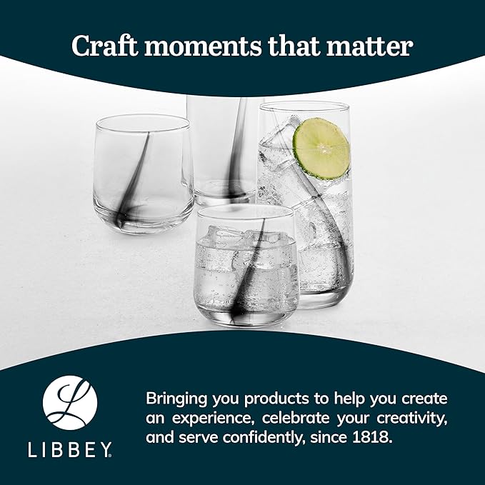 Libbey Ascent Black Ribbon Tumbler and Rocks Drinking Glasses Set of 16, Glass Drinking Glasses with Curvature, Versatile Glassware Set for Daily Use