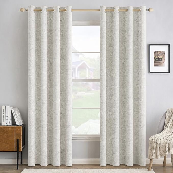 MIULEE 100% Blackout Linen Textured Curtains for Bedroom Solid Thermal Insulated Light Beige Grommet Room Darkening Curtains & Drapes Luxury Decor for Living Room 52 x 72 Inch (2 Panels)