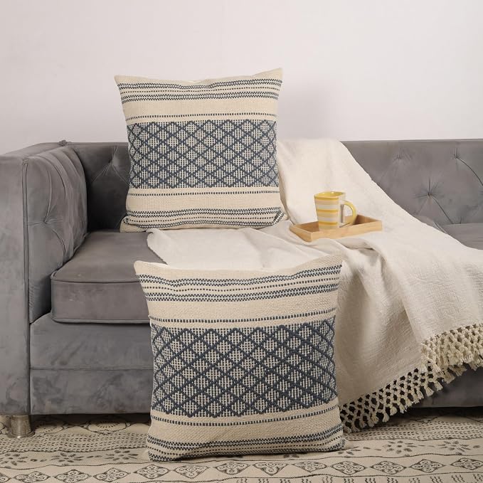 Trade Star Set of 2 Boho Throw Pillow Covers – 20x20 Handloomed 100% Cotton Cushion Covers, Rustic Farmhouse Decor for Couch, Bed, Indoor/Outdoor Use