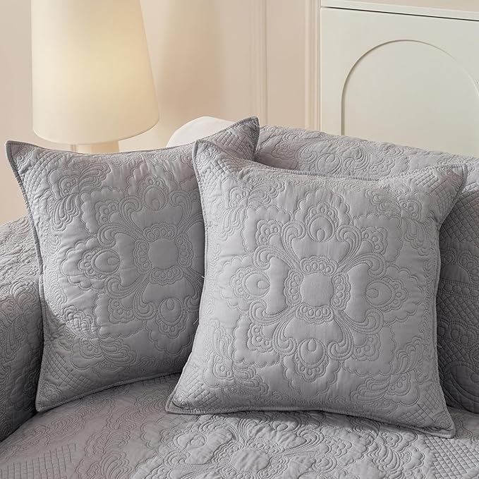 vctops Set of 2 Decorative Cotton Quilted Throw Pillow Covers 18x18 Cozy Boho Farmhouse Embroidery Cushion Cover Soft Accent Pillowcase for Couch Sofa Bed (Light Grey,18"x18")