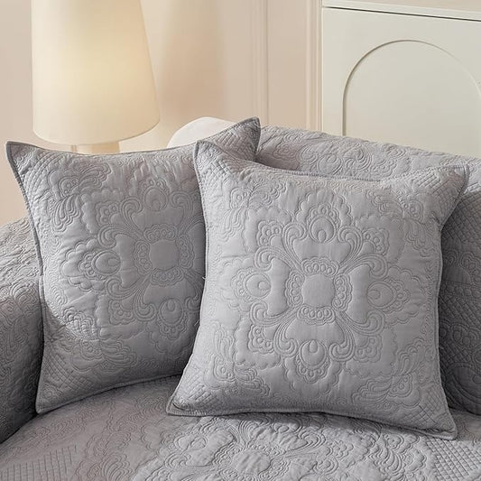 vctops Set of 2 Decorative Cotton Quilted Throw Pillow Covers 18x18 Cozy Boho Farmhouse Embroidery Cushion Cover Soft Accent Pillowcase for Couch Sofa Bed (Light Grey,18"x18")