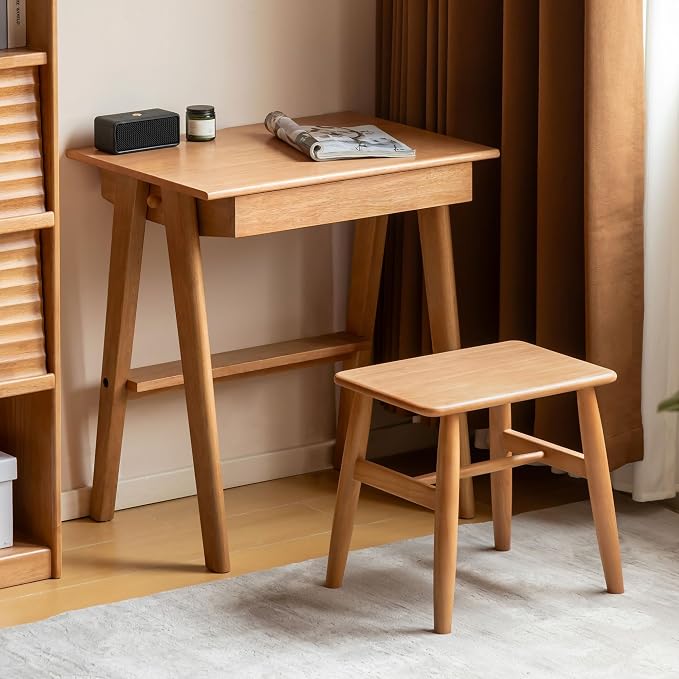 YESWOOD 100% Solid Rubber Wood Desk, Mid Century Modern Writing Computer Desk in Walnut Finish with Drawer for Home Office, Sturdy Room, Bedroom 27.55" W Natural Wood