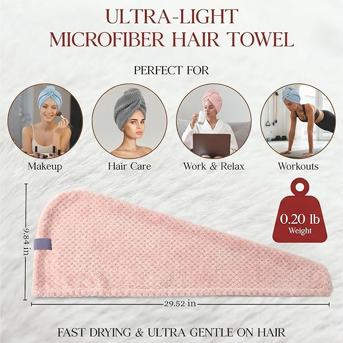 3 Pack Microfiber Hair Towel Wrap for Women 26 x 10 in | Hair Drying Towel with Button |Hair Turban Towel Quick Dry Coral Fleece Head Towels (Pink + Blue + Grey)