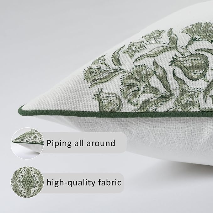CPC Sage Green Block Print Throw Cushion Cover 18 x 18 Inch Set 2 - Decorative Boho Floral Pillow Case for Living Room, Bed, Sofa, Couch, Home Decor Cushion Cover Gift for Spring, Mother's Day