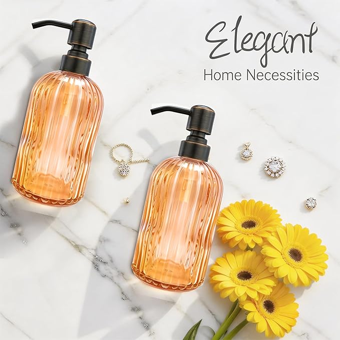 16 OZ Orange Glass Soap Dispenser,Clear Orange Stripe Bathroom Hand Soap Dispensers with Stainless Steel Bronze Pump, Kitchen Hand Soap Dispenser with Oil Rubbed Bronze Pump