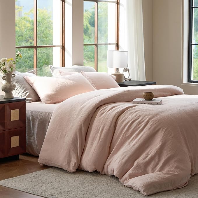 SIJO Premium Stone Washed Organic French Linen Duvet Cover, GOTS Certified Organic, Small Batch Sourced from Normandy, Best Cooling Linen Sheet Award by Sleep Foundation (Blush, Full/Queen)