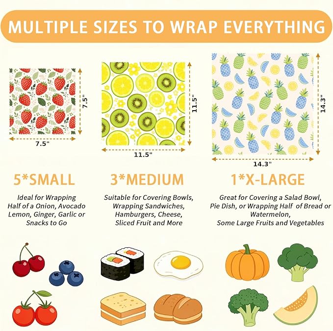 Reusable Beeswax Wraps, 9 Pack Sandwich, Bowl, Bread, Eco-Friendly, Organic, Sustainable, Zero Waste, Plastic-Free, 1XL, 3M, 5S, Fruit Pattern (Strawberry, Lemon, Kiwi, Pineapple)