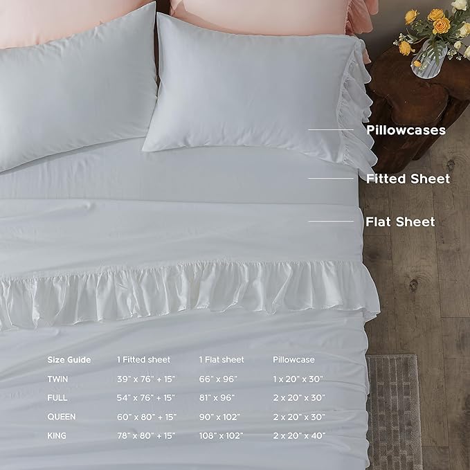 Simple&Opulence 100% Organic Cotton Sheet Set, Long Ruffle Bed Sheets (1 Flat Sheet, 1 Fitted Sheet and 1 Pillowcase) Elegant Shabby Chic Bedding Farmhouse Charming Vintage - White, Twin