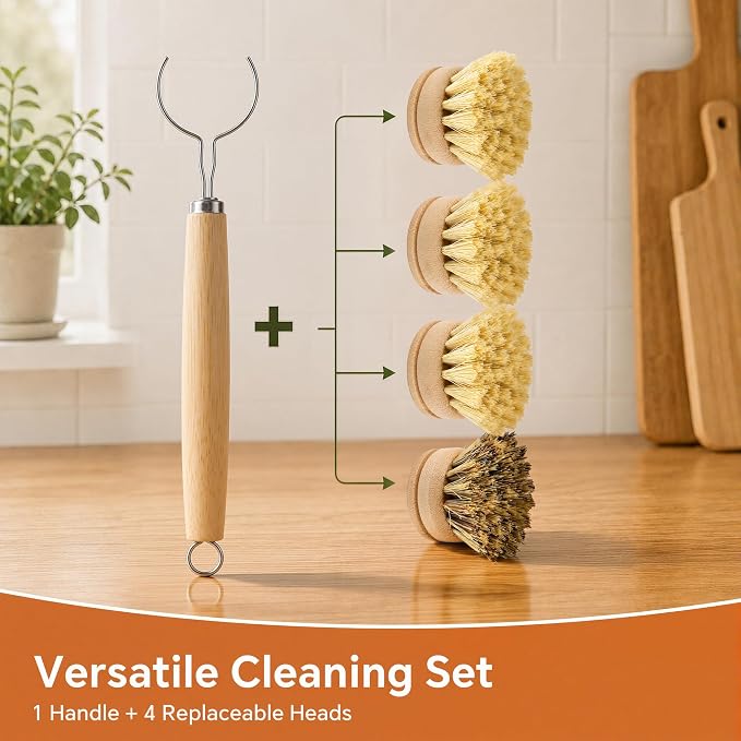 DEBETOOL Bamboo Dish Brush with Handle & 4 Replacement Heads - Natural Wooden Dish Scrubber with Sisal and Palm Fiber, Plastic Free Bamboo Brush for Dishes, Pots, Pans