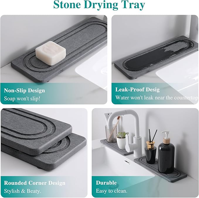 2PCS Water Absorbing Stone Tray for Sink, Quick Drying Diatomite Bathroom Tray Countertop, Stone Drying Mat for Kitchen Counter Faucet, Soap Dish Dispenser Vanity Organizer, Dark Gray-11.8" x 4"