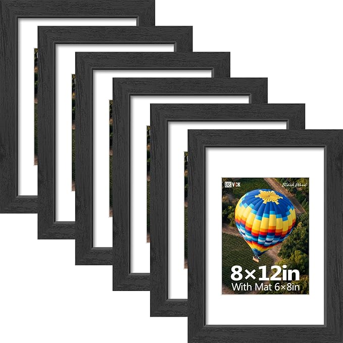 VCK 8x12 Picture Frames Black - 6 Pack, Wide Border Solid Wood, Tempered Glass, Display 6x8 Photo with Mat or 8 x 12 Without, for Home, Office, Gallery, Woodgrain Series, Tabletop & Wall Hanging